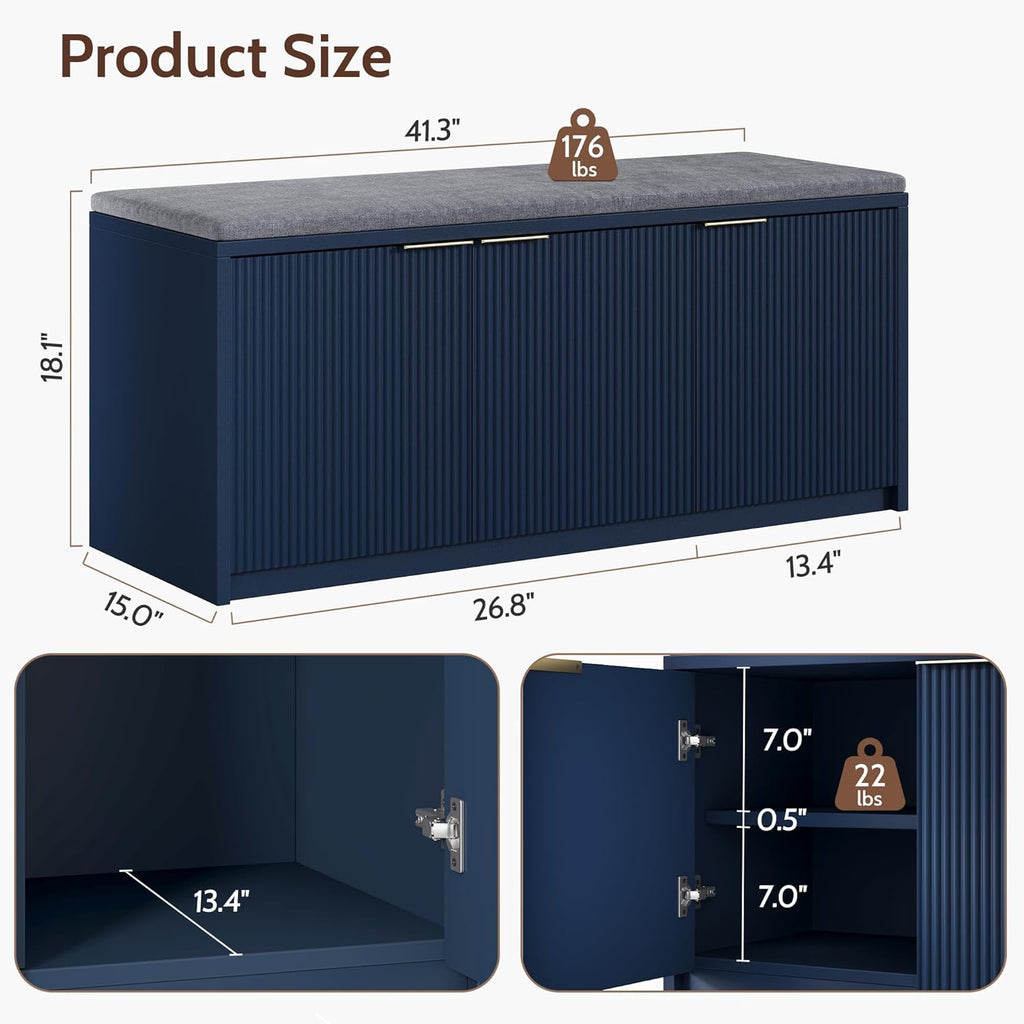 Vividwood Navy Blue Shoe Storage Bench‌ - 41.3" Entryway Cabinet with Padded Seat