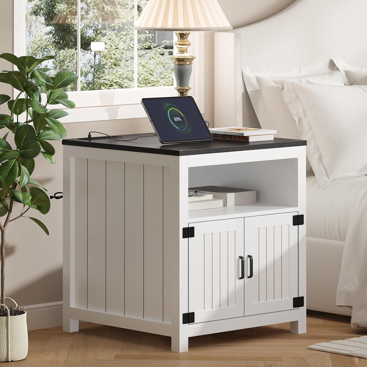 Vividwood 23.6" Farmhouse End Table - Barn Door Design with Charging Station