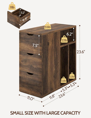 Vividwood Slim Nightstand‌ - 3-Drawer Bedside Table with Storage Shelves (Brown)