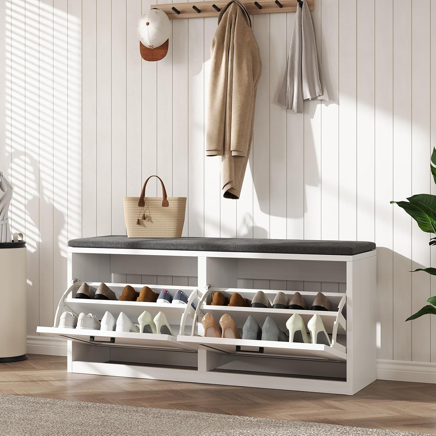 Vividwood 2-Tier Storage Bench - Padded Seat & Barn Doors (White)