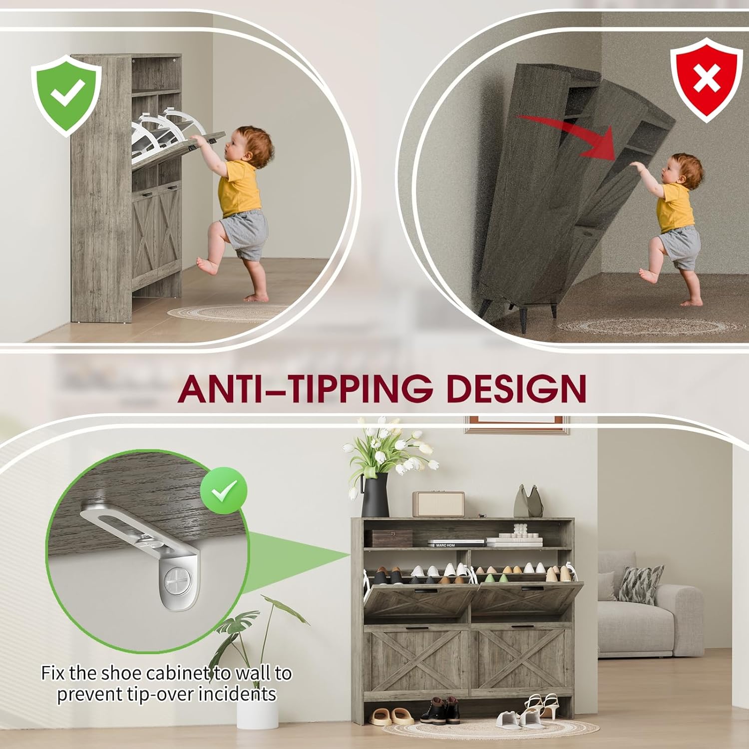 Vividwood 4-Drawer Shoe Cabinet‌ - Narrow Organizer for Classified Storage (Grey)