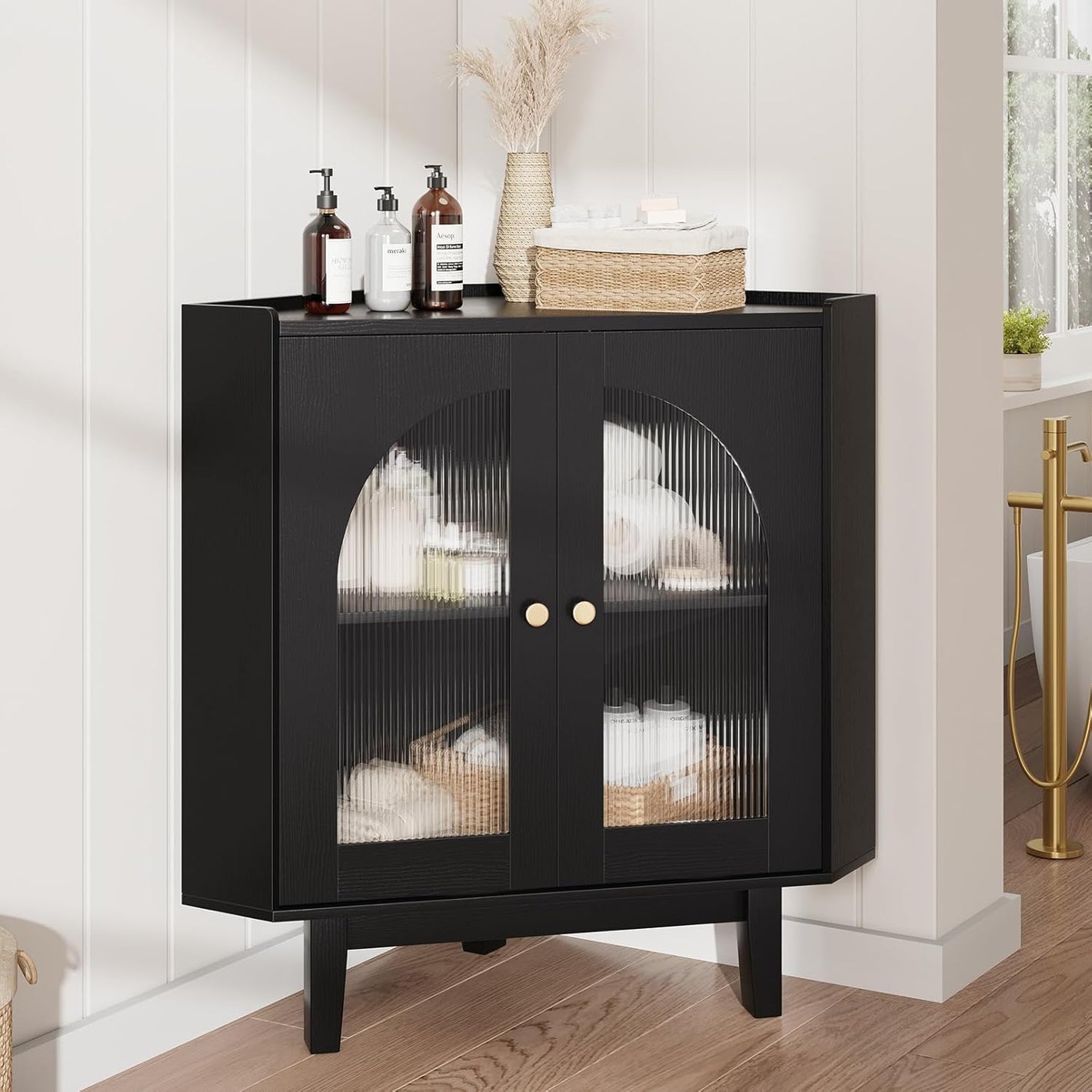Vividwood Fluted Freestanding Floor Corner Cabinet with Doors & Shelves, Storage for Bathroom Kitchen Living Room, Black