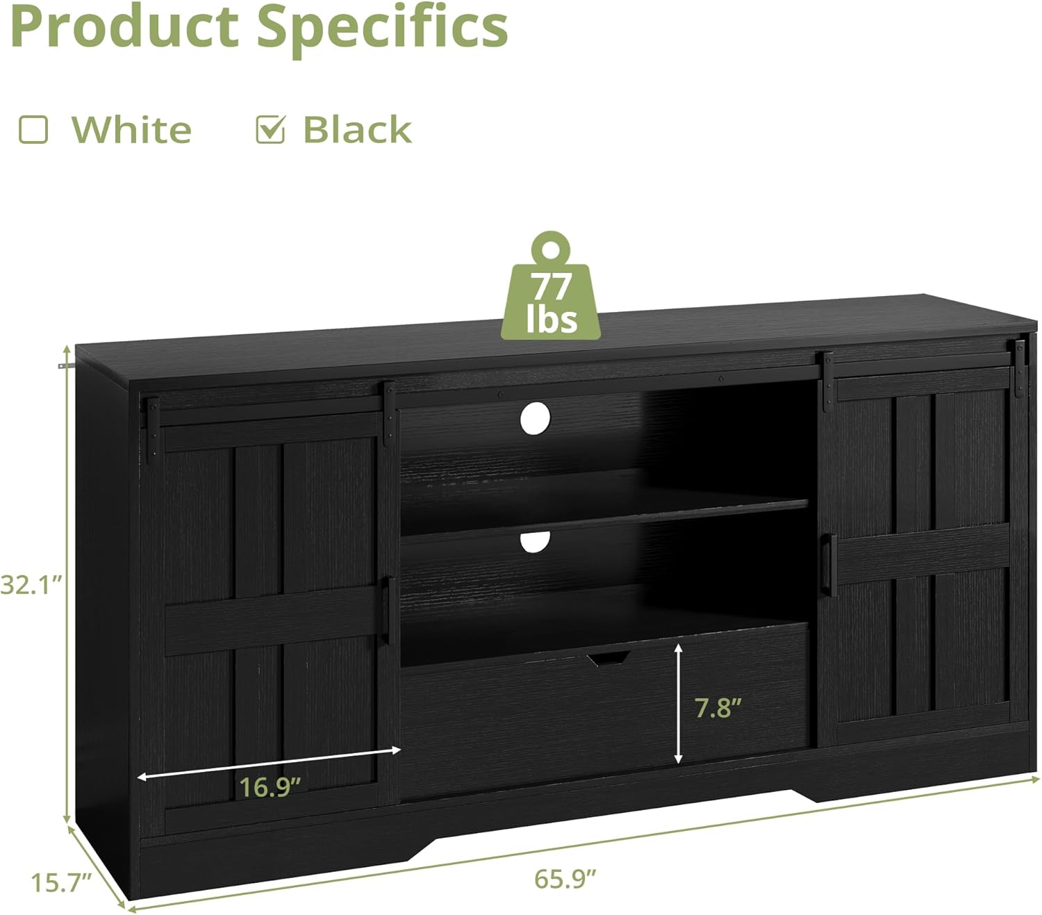 Vividwood 70" TV Stand with Barn Doors - Entertainment Center Storage Cabinet (Rustic Black)