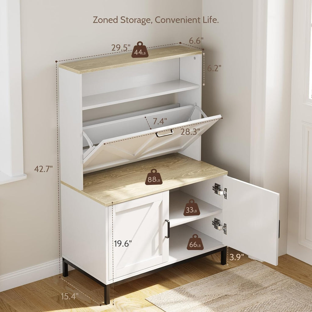 Vividwood Farmhouse Shoe Cabinet‌ - Flip Drawer & Doors Organizer (White)