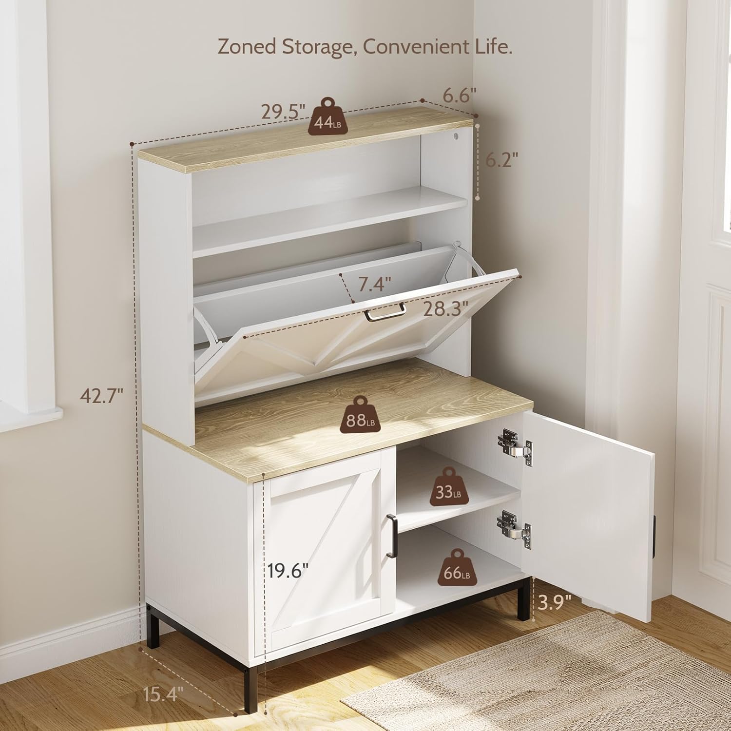Vividwood Farmhouse Shoe Cabinet‌ - Flip Drawer & Doors Organizer (White)