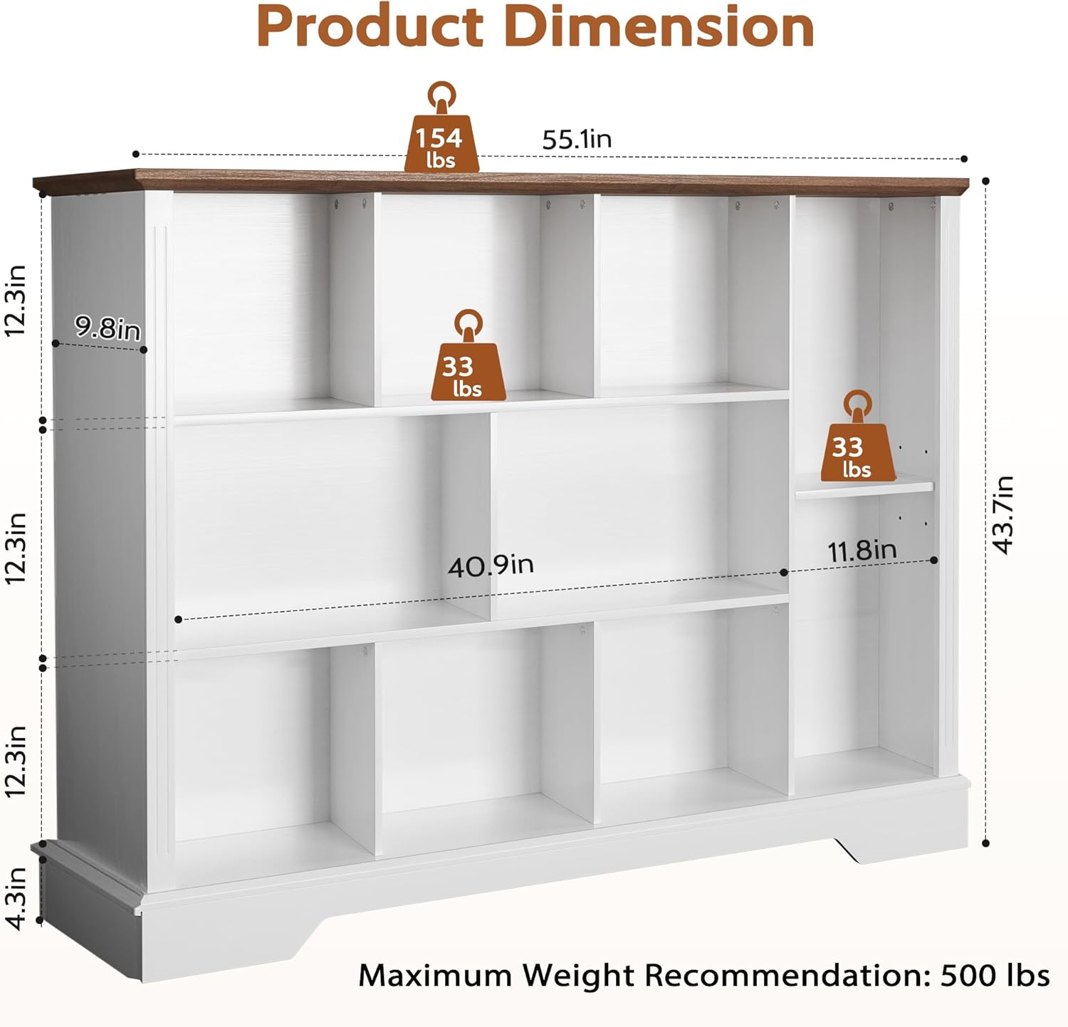 Vividwood 10-Cube Storage Organizer & TV Stand - Farmhouse Bookcase with Adjustable Shelves (White Finish)