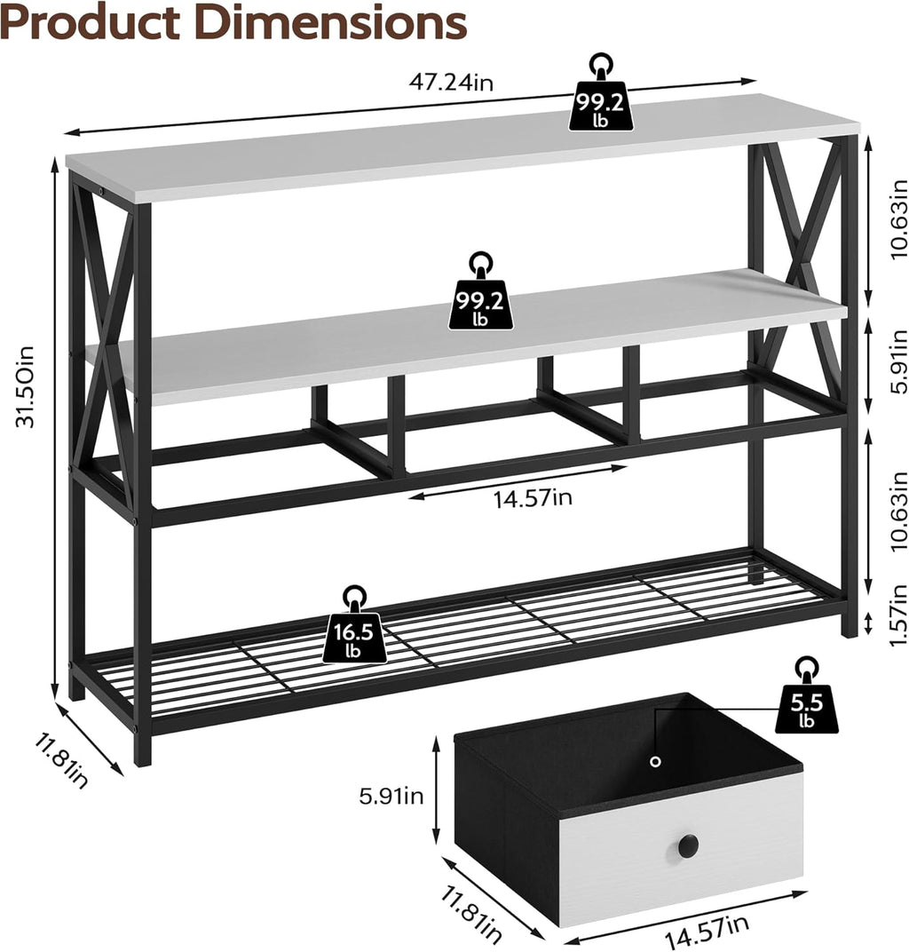 Vividwood 47" Farmhouse Console Table - 3-Drawer & Open Shelf Design (Rustic White)