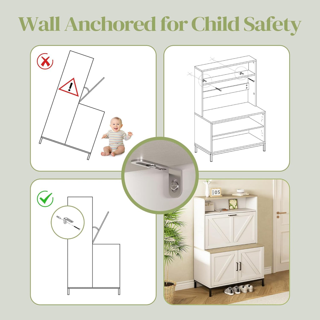 Vividwood Shoe Storage Cabinet - Anti-Tip Design with Metal Legs (Classical White)