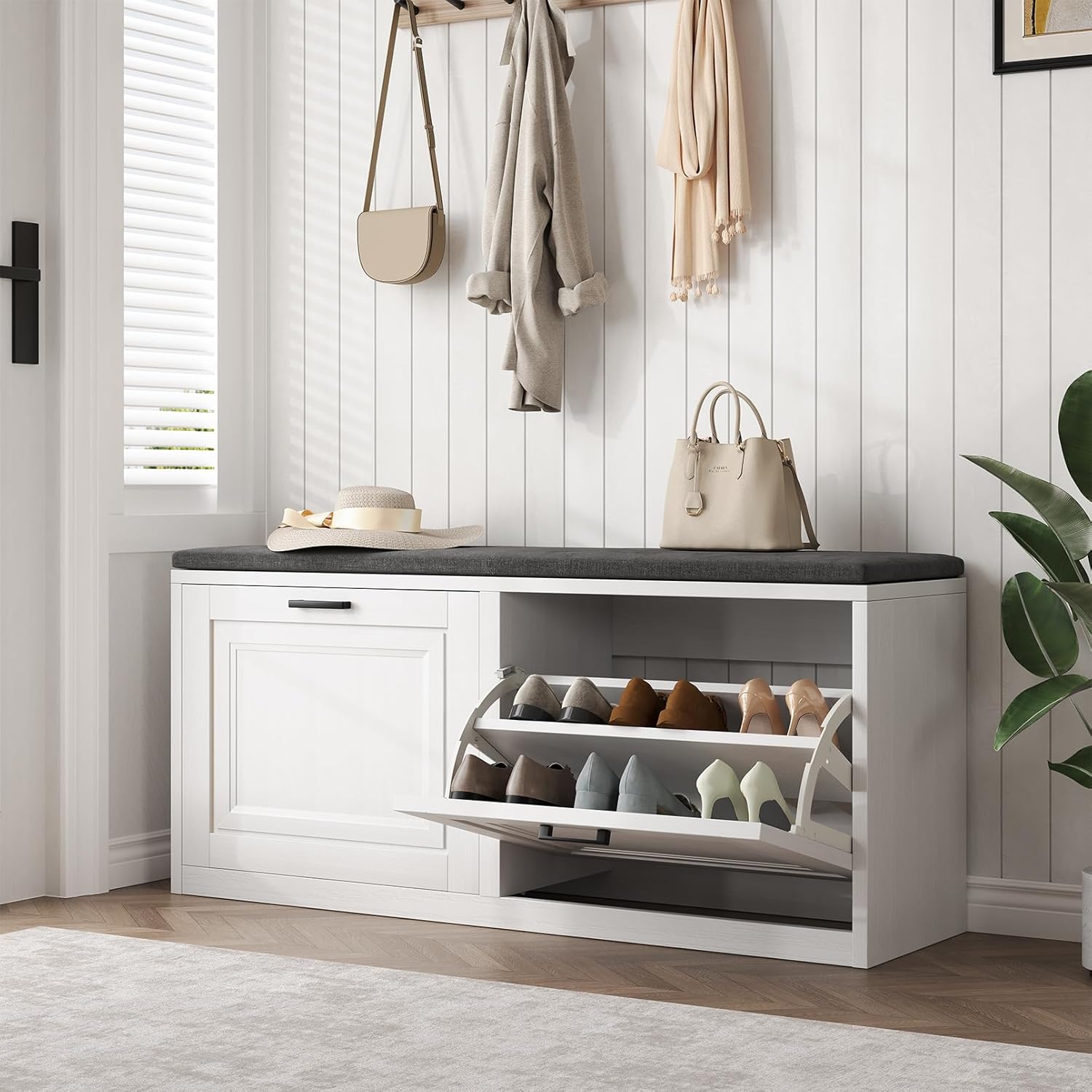 Vividwood 2-Tier Storage Bench - Padded Seat & Barn Doors (White)