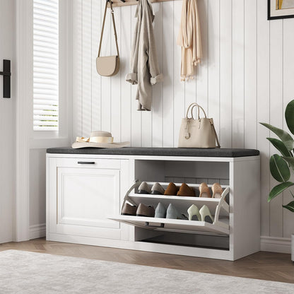 Vividwood 2-Tier Storage Bench - Padded Seat & Barn Doors (White)