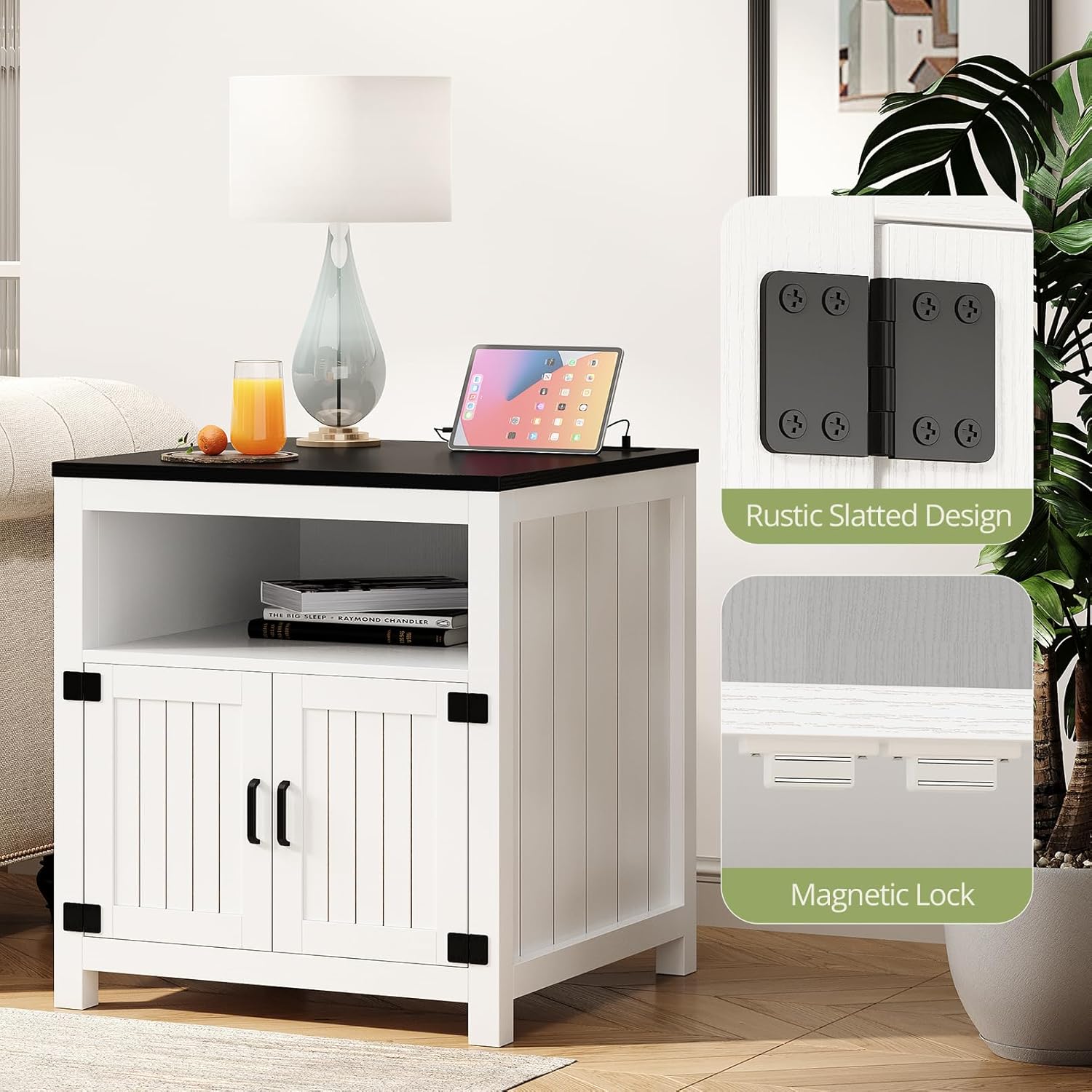 Vividwood 23.6" Farmhouse End Table - Barn Door Design with Charging Station