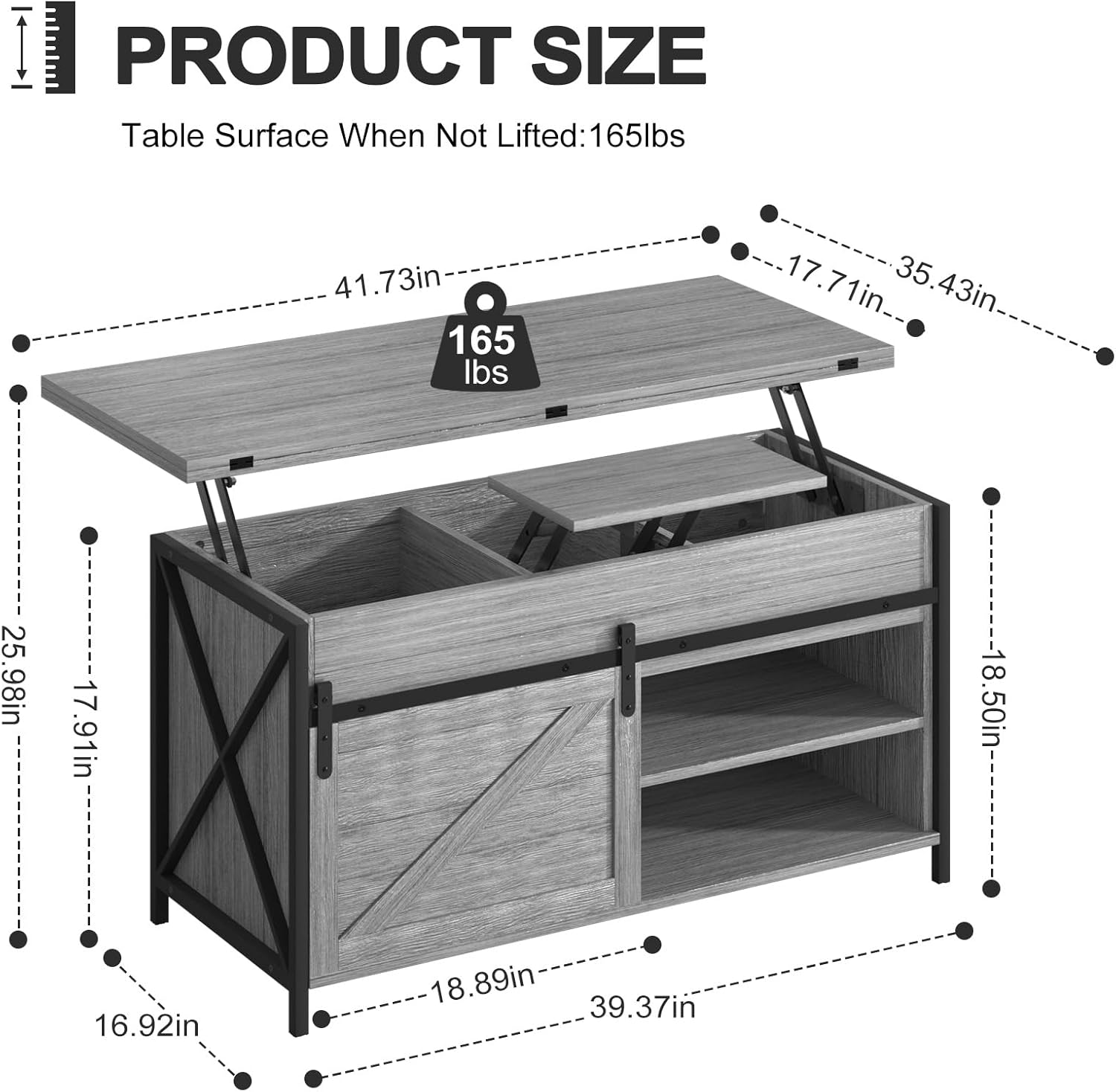 Vividwood Farmhouse Lift Top Coffee Table - 4-in-1 Convertible with Storage (Grey)