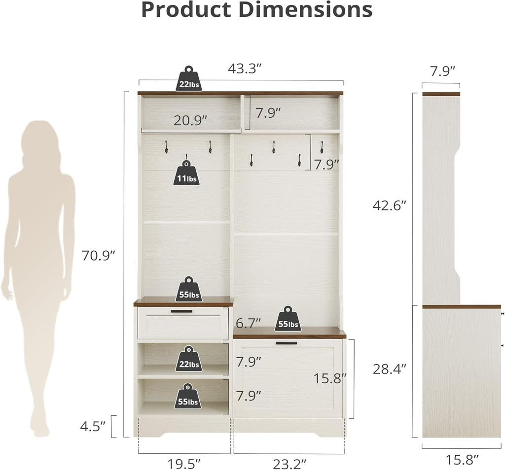 AesthLife Hall Tree with Bench & Shoe Storage - 7-Hook Coat Rack Entryway Organizer (Walnut Brown)