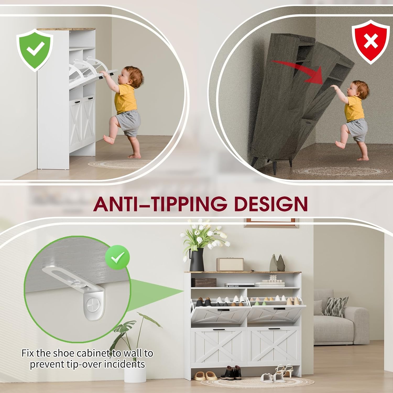 Vividwood 4-Drawer Shoe Cabinet‌ - Farmhouse Organizer for Entryway (White)