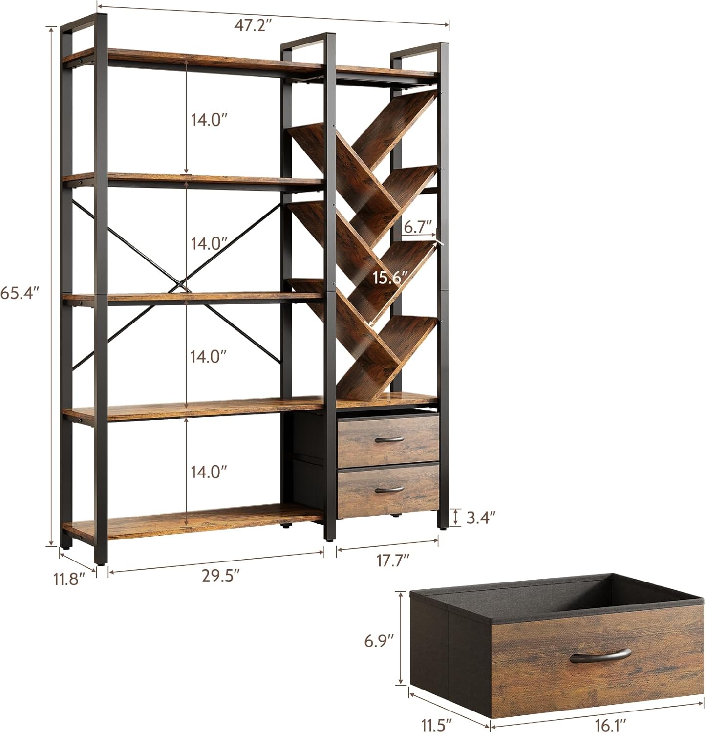 Vividwood 5-Tier Industrial Bookshelf - Tree Display with Fabric Drawers (Rustic Brown)
