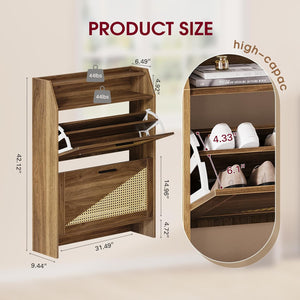 Vividwood Rattan Shoe Cabinet - 2-Flip Drawer Organizer with Adjustable Shelf (Oak)