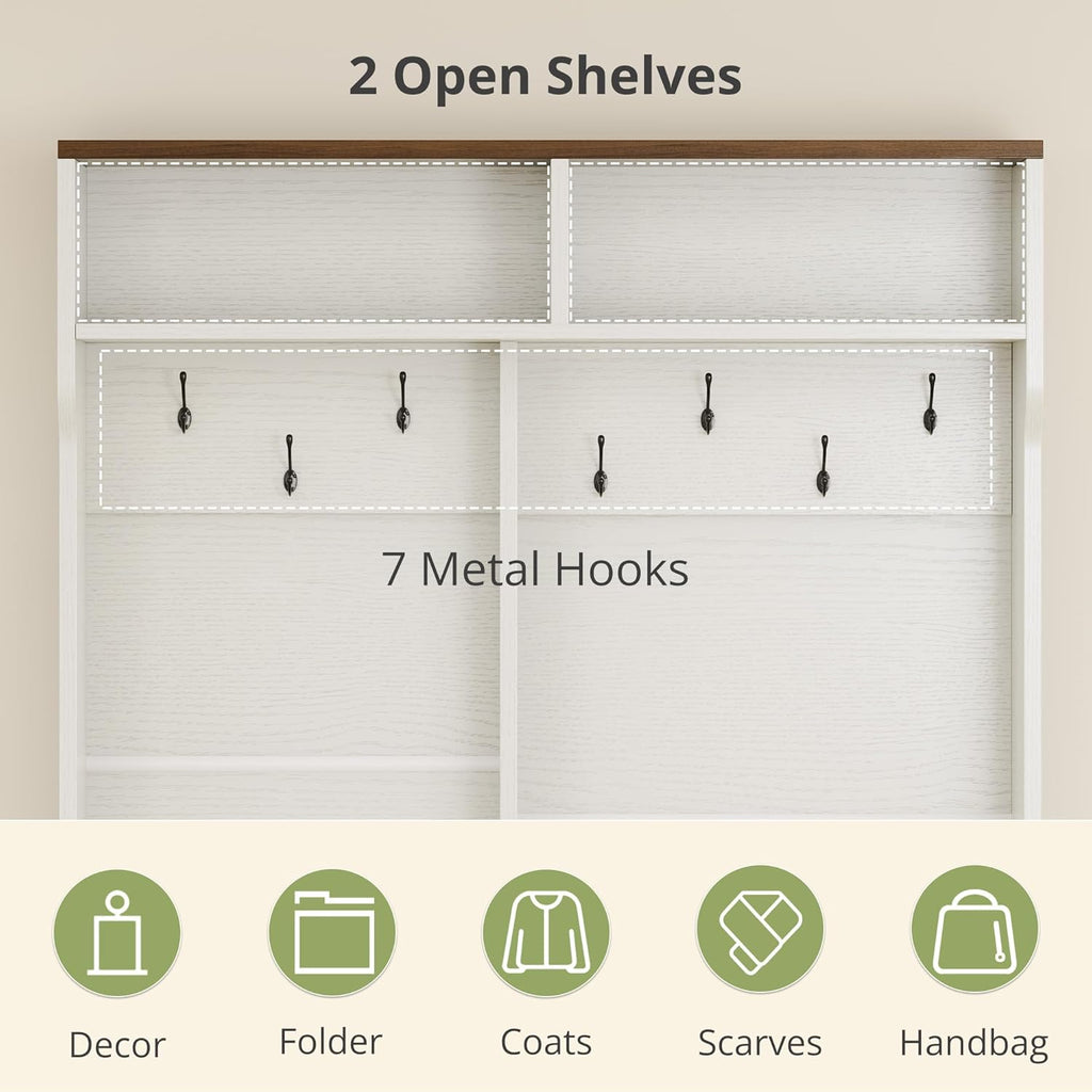 AesthLife Hall Tree with Bench & Shoe Storage - 7-Hook Coat Rack Entryway Organizer (Walnut Brown)