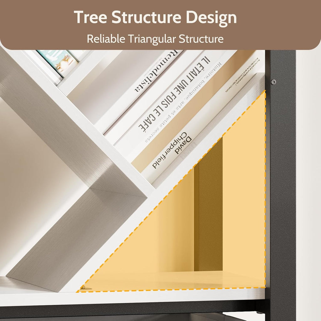 Vividwood 5-Tier Industrial Bookshelf - Tree Display with Fabric Drawers (White)