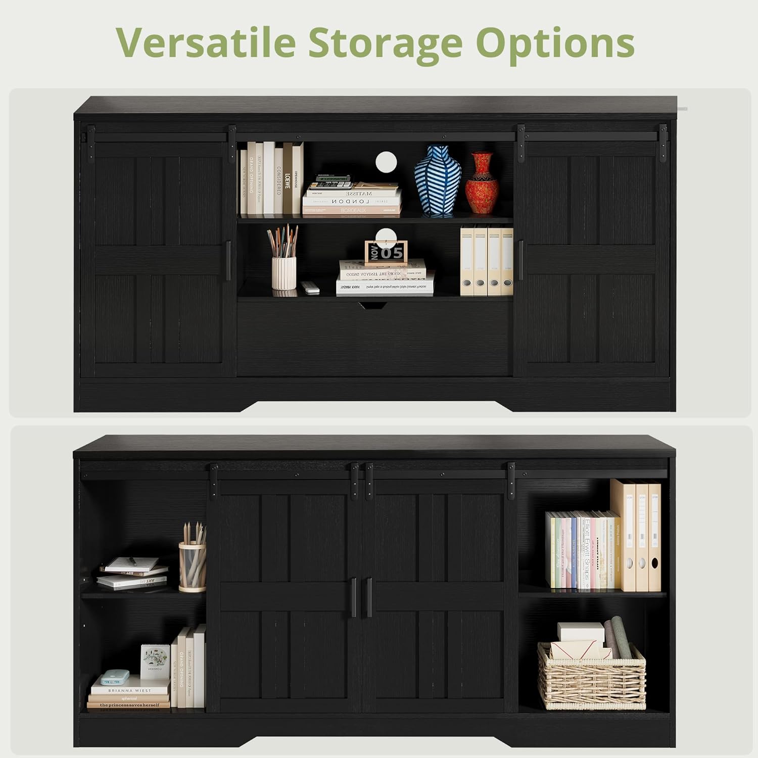 Vividwood 70" TV Stand with Barn Doors - Entertainment Center Storage Cabinet (Rustic Black)