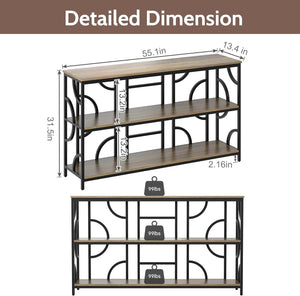 Vividwood 55" Industrial Sofa Table‌ - 3-Tier Storage Console with Geometric Design (Rustic Brown)