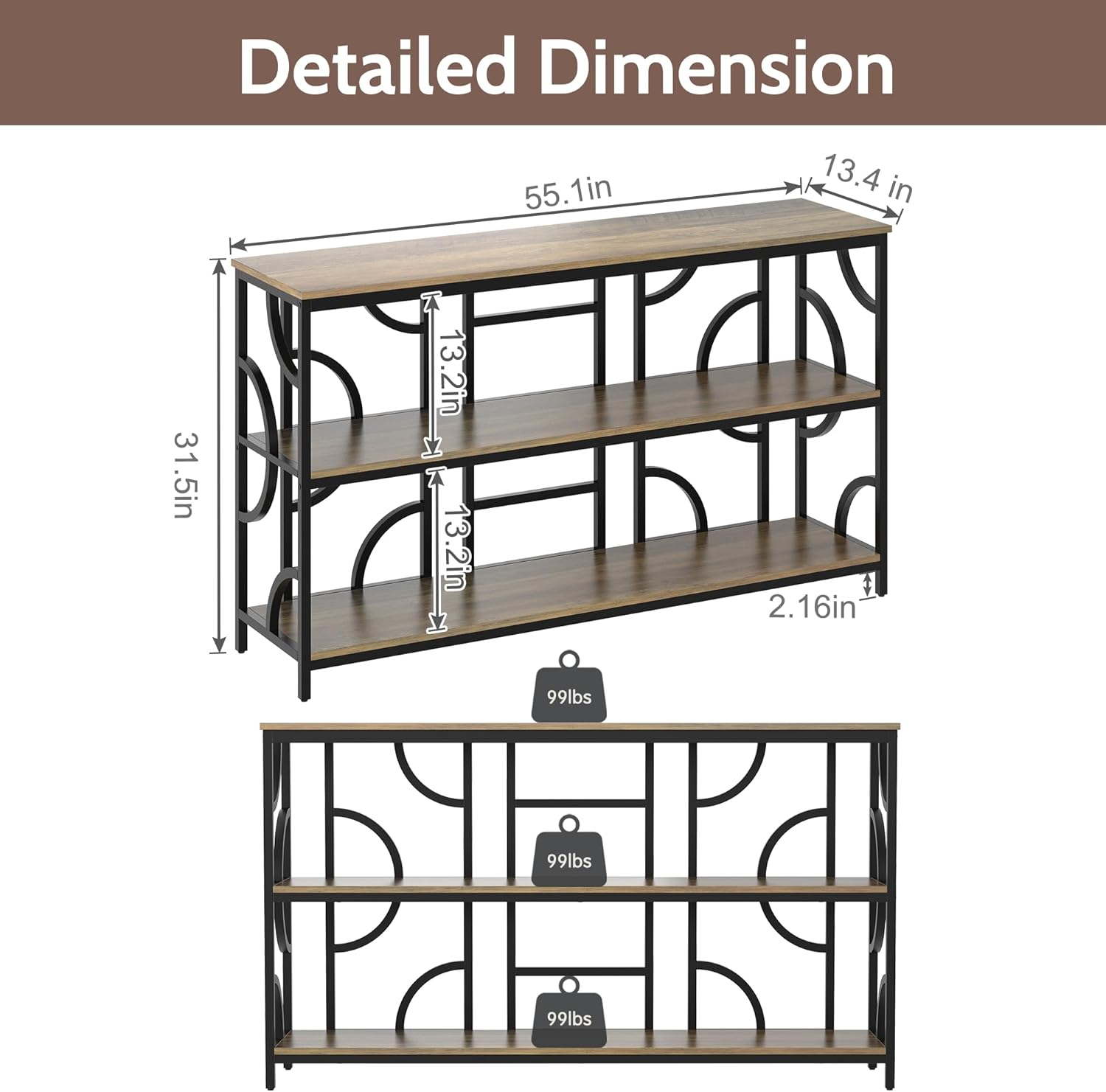 Vividwood 55" Industrial Sofa Table‌ - 3-Tier Storage Console with Geometric Design (Rustic Brown)