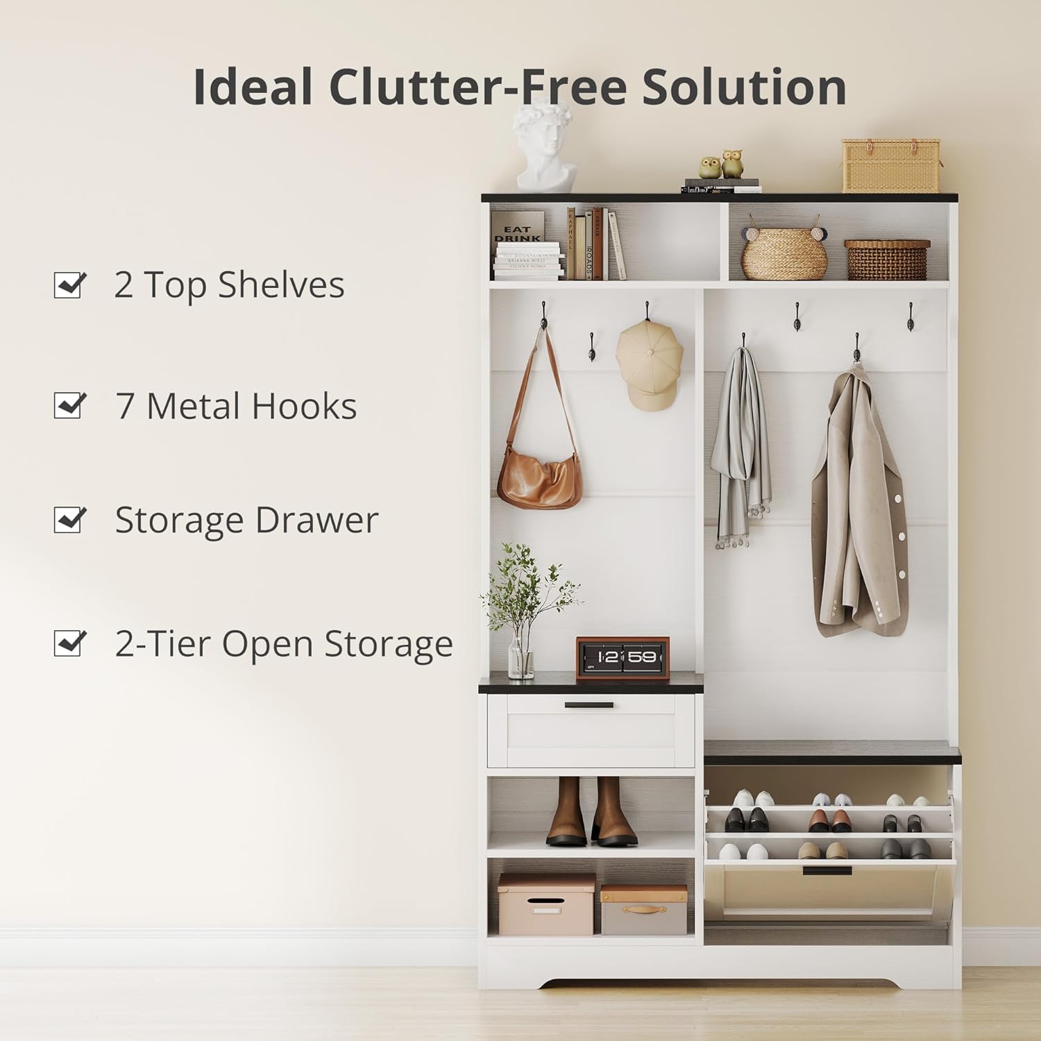 AesthLife Modern Hall Tree‌ - Bench & Shoe Storage Organizer (Black Wood Grain)