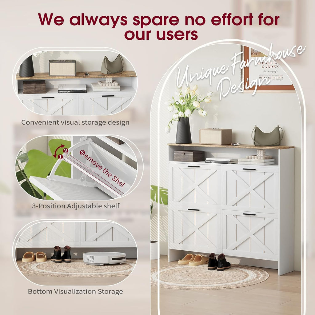 Vividwood 4-Drawer Shoe Cabinet‌ - Farmhouse Organizer for Entryway (White)