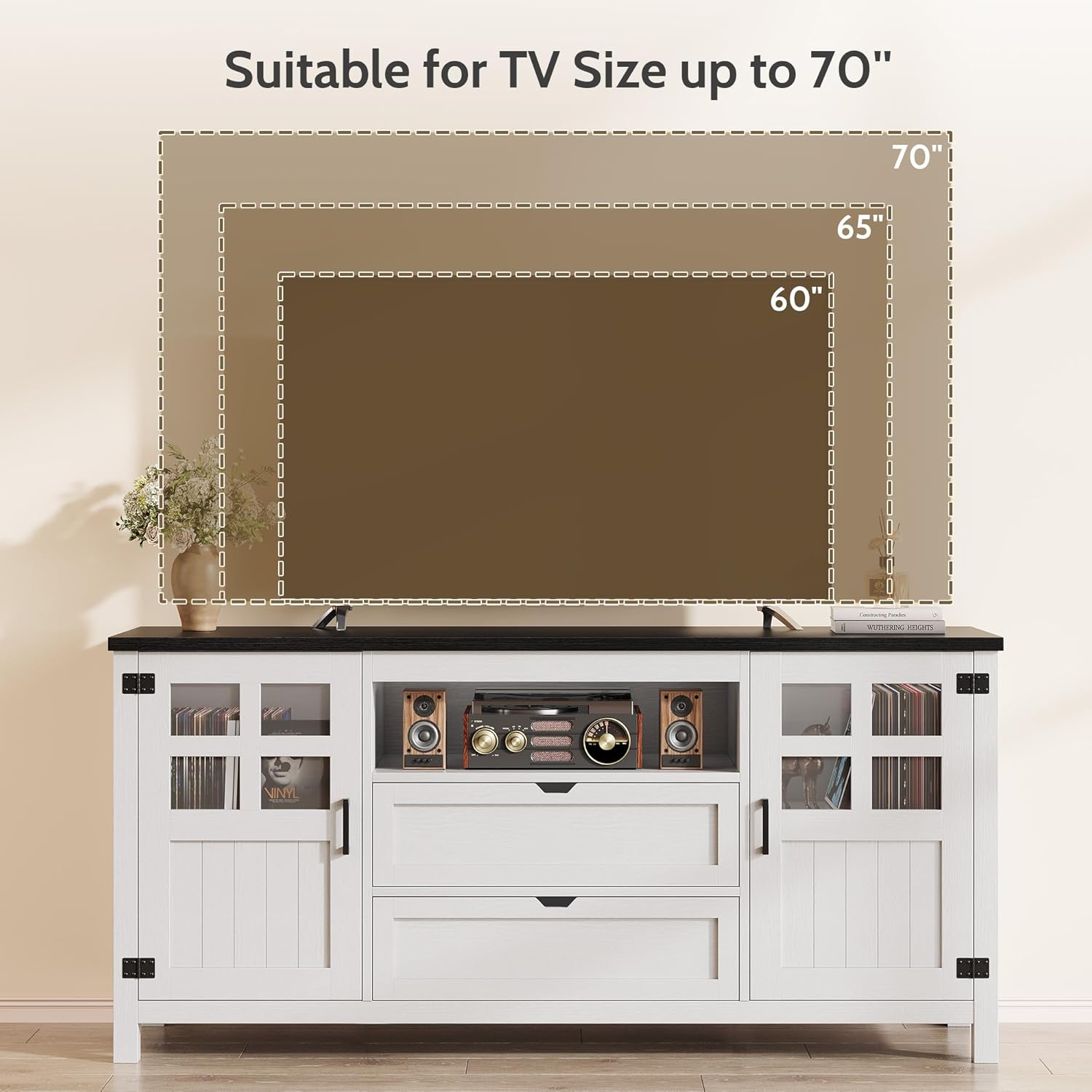 Vividwood Farmhouse TV Stand for 70" TVs - Adjustable Shelves & Barn Doors (White)