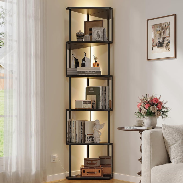 Vividwood 6-Tier Industrial Corner Bookshelf with LED Color-Changing Lights & Mirrored Panels, Remote Control Space-Saving Display Shelf for Bedroom & Living Room