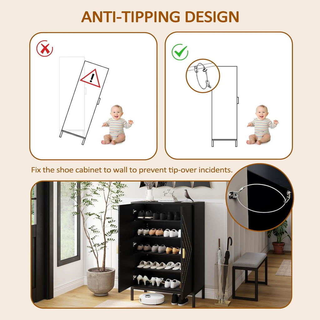 Vividwood 5-Tier Shoe Storage Cabinet‌ - Adjustable Shelves & Doors (Black)