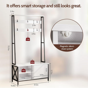 Vividwood Industrial Hall Tree with Bench & Shoe Storage - 6-Hook Coat Rack (31.5" White)