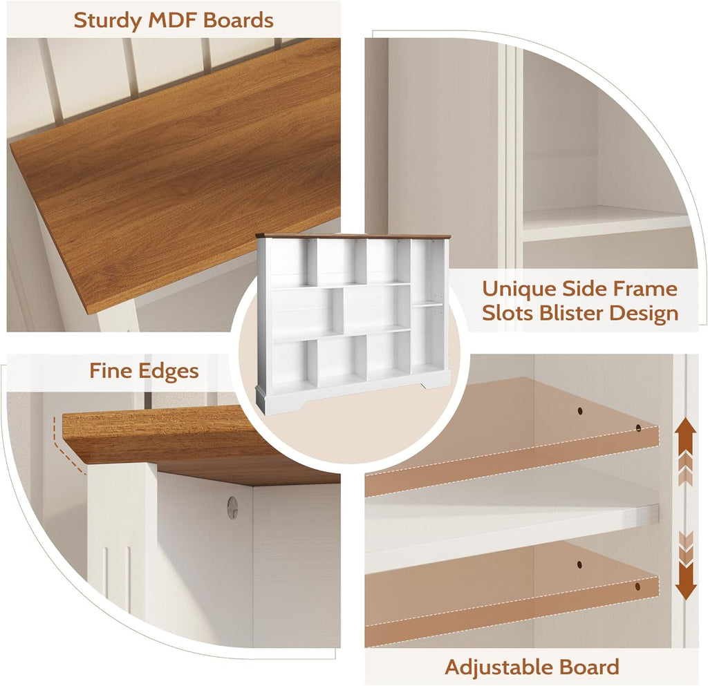 Vividwood 10-Cube Storage Organizer & TV Stand - Farmhouse Bookcase with Adjustable Shelves (White Finish)