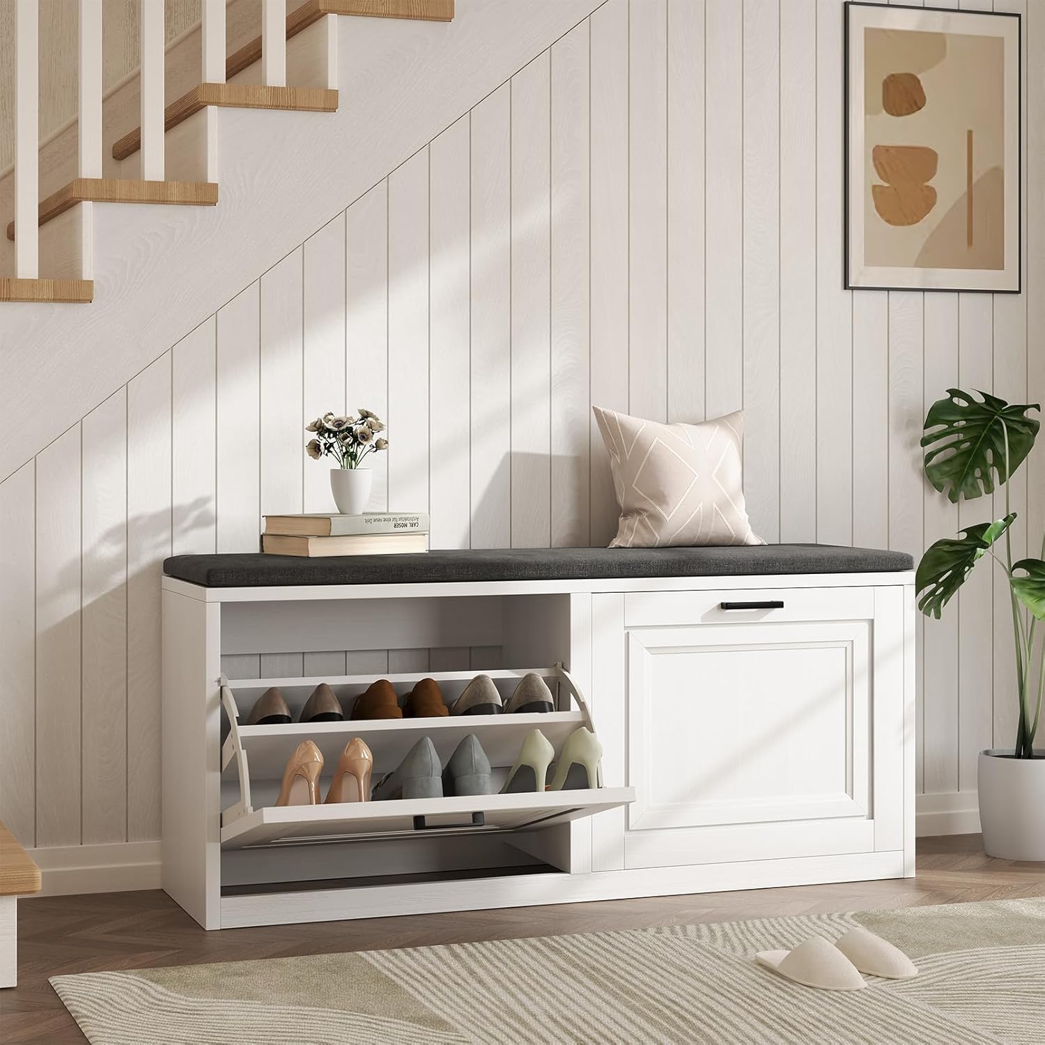 Vividwood 2-Tier Storage Bench - Padded Seat & Barn Doors (White)