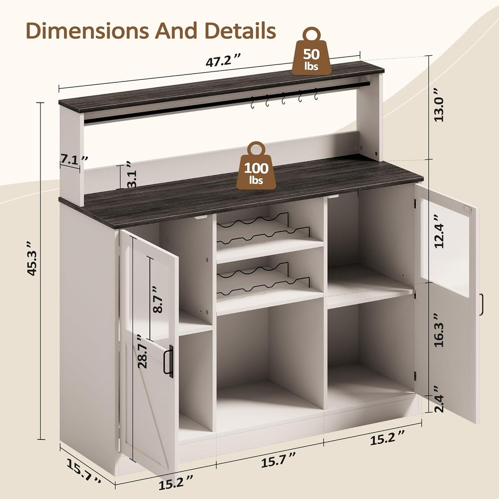 Vividwood Farmhouse Bar Cabinet‌ - Acrylic-Front Storage Hutch with Goblet Holder (Grey)