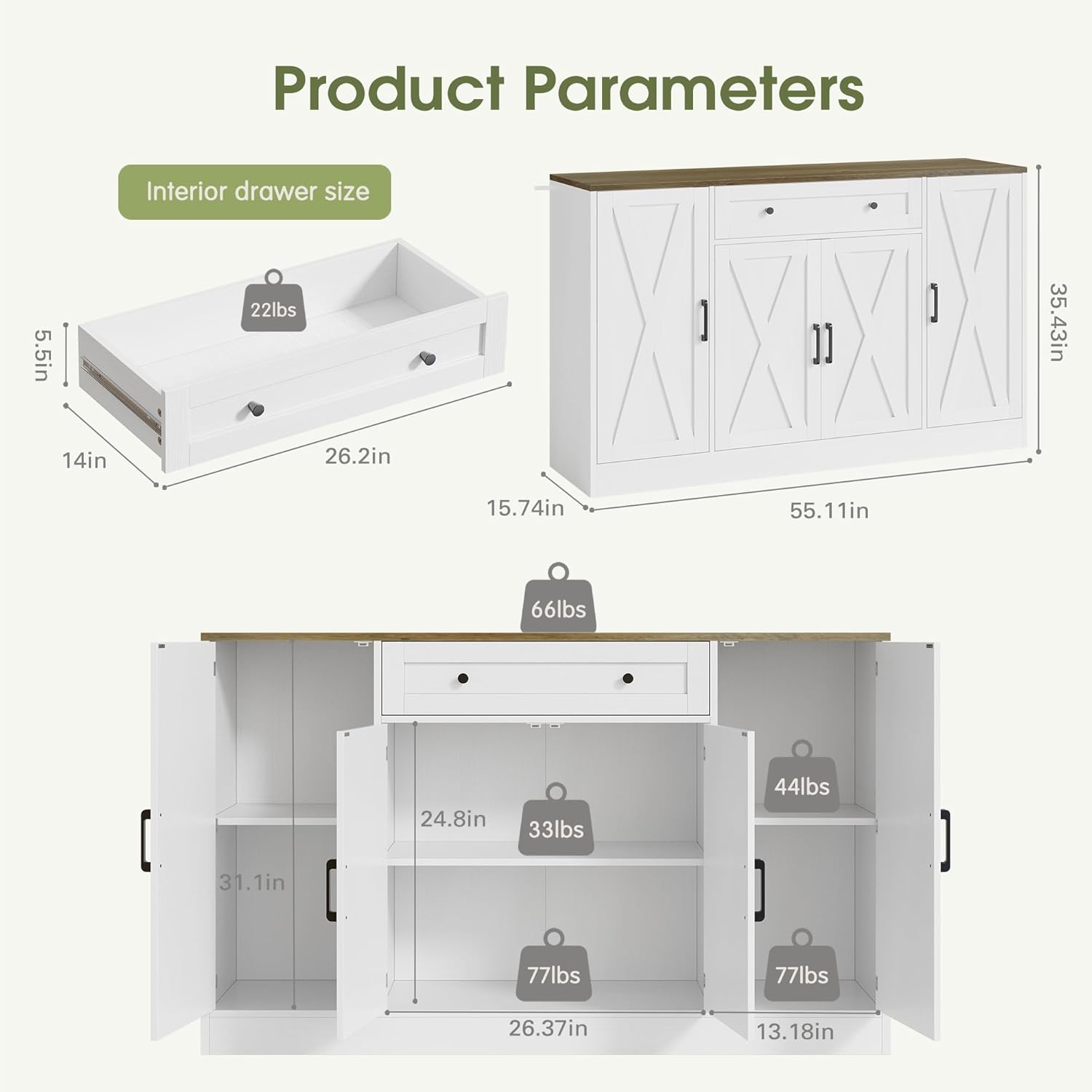 AesthLife Modern Farmhouse Sideboard - Wood Storage Cabinet with Doors & Drawer (White Oak Finish)