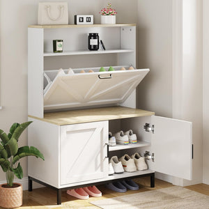 Vividwood Farmhouse Shoe Cabinet‌ - Flip Drawer & Doors Organizer (White)