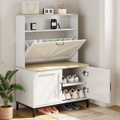Vividwood Farmhouse Shoe Cabinet‌ - Flip Drawer & Doors Organizer (White)
