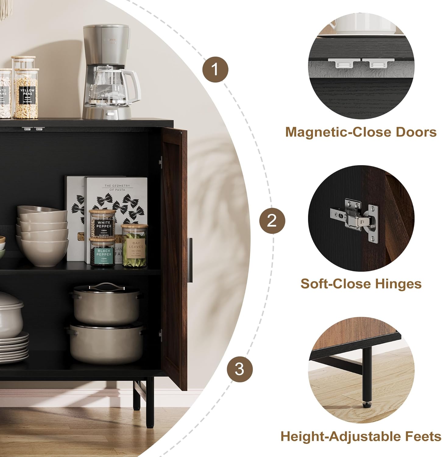 Vividwood Modern Farmhouse Sideboard - 2-Door Storage Cabinet for Kitchen & Dining Room