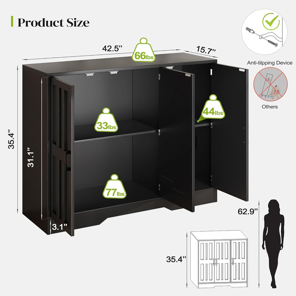 AesthLife Classical Black Sideboard‌ - 42.5" Farmhouse Storage Cabinet
