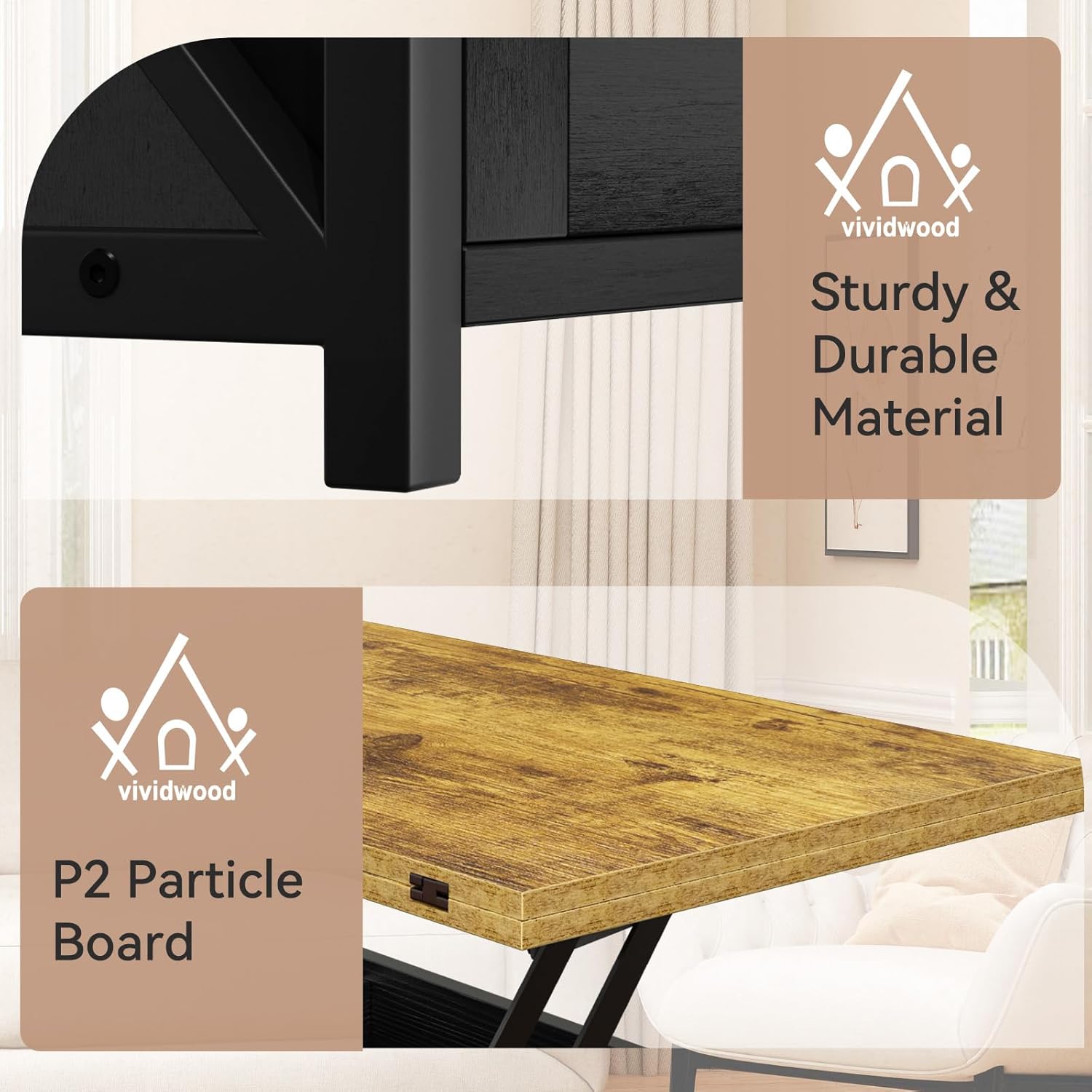 Vividwood Black Lift Top Coffee Table‌ - Multi-Function Center Table with Sliding Door