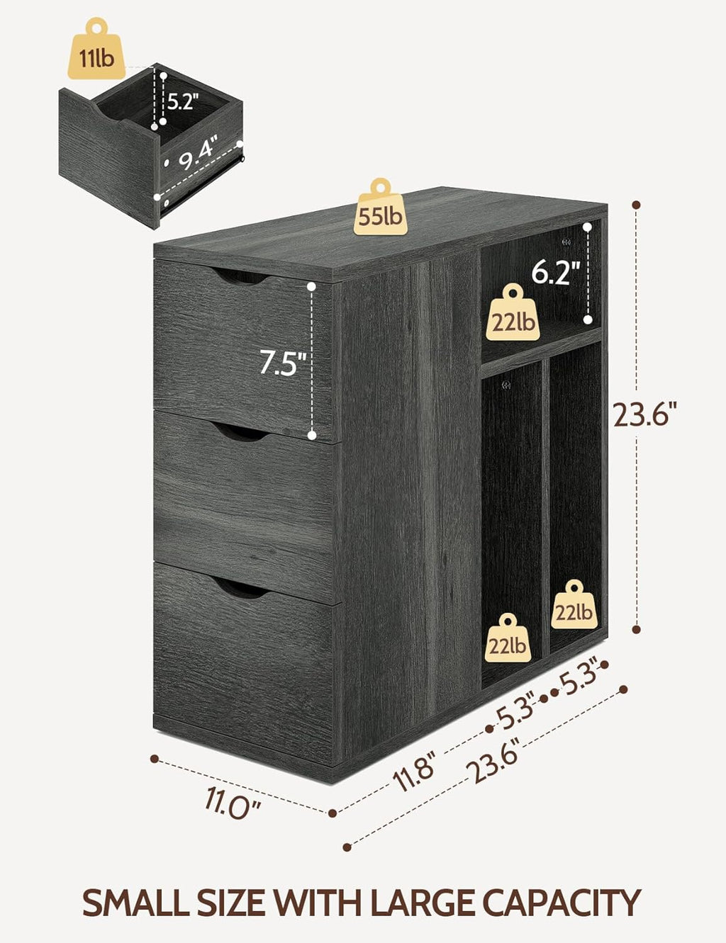 Vividwood 3-Drawer End Table‌ - Narrow Wood Side Table with Record Storage (Black)