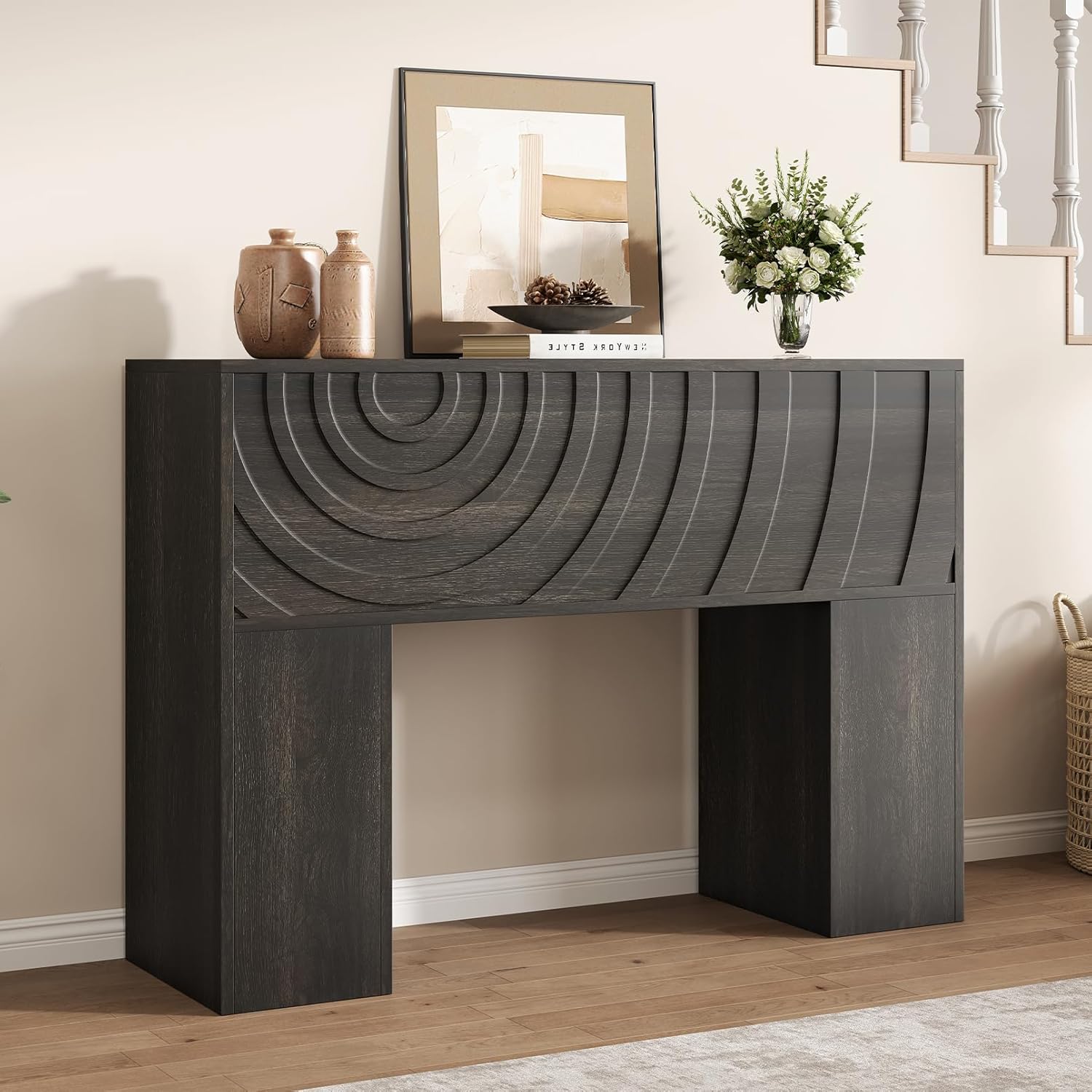 Vividwood 13.4" Farmhouse Console Table - Carved Water Ripple Design (Black)