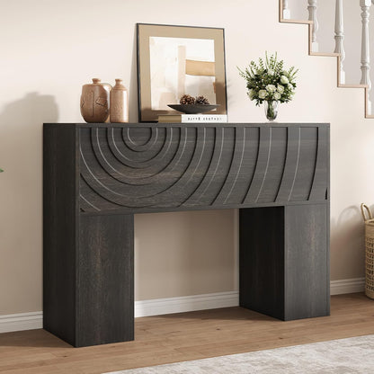 Vividwood 13.4" Farmhouse Console Table - Carved Water Ripple Design (Black)