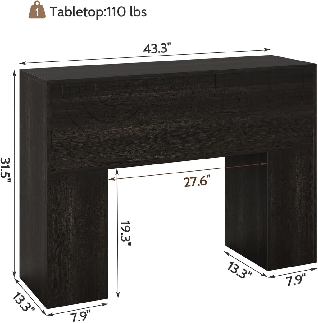 Vividwood 13.4" Farmhouse Console Table - Carved Water Ripple Design (Black)