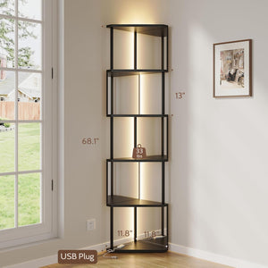 Vividwood 6-Tier Industrial Corner Bookshelf with LED Color-Changing Lights & Mirrored Panels, Remote Control Space-Saving Display Shelf for Bedroom & Living Room