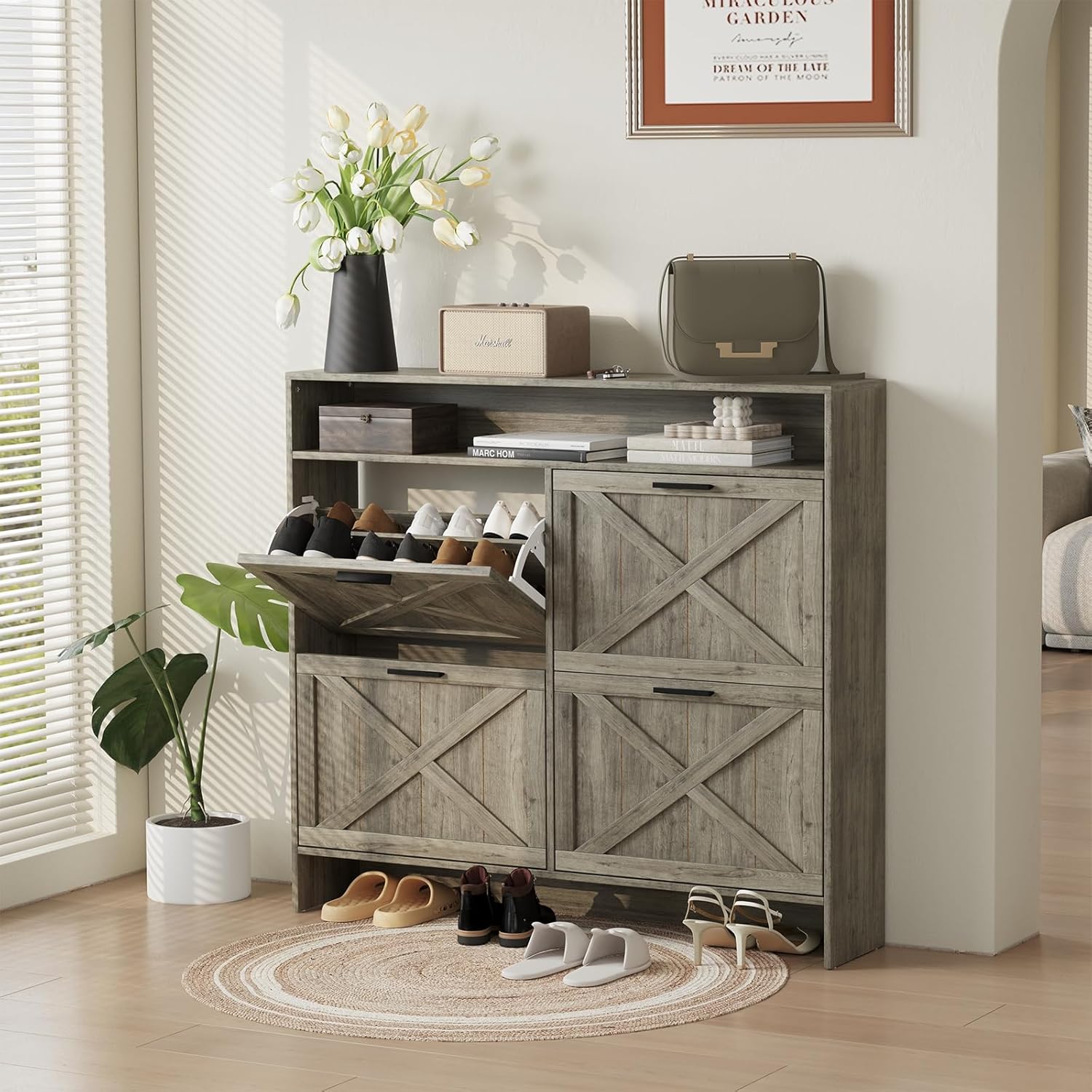 Vividwood 4-Drawer Shoe Cabinet‌ - Narrow Organizer for Classified Storage (Grey)