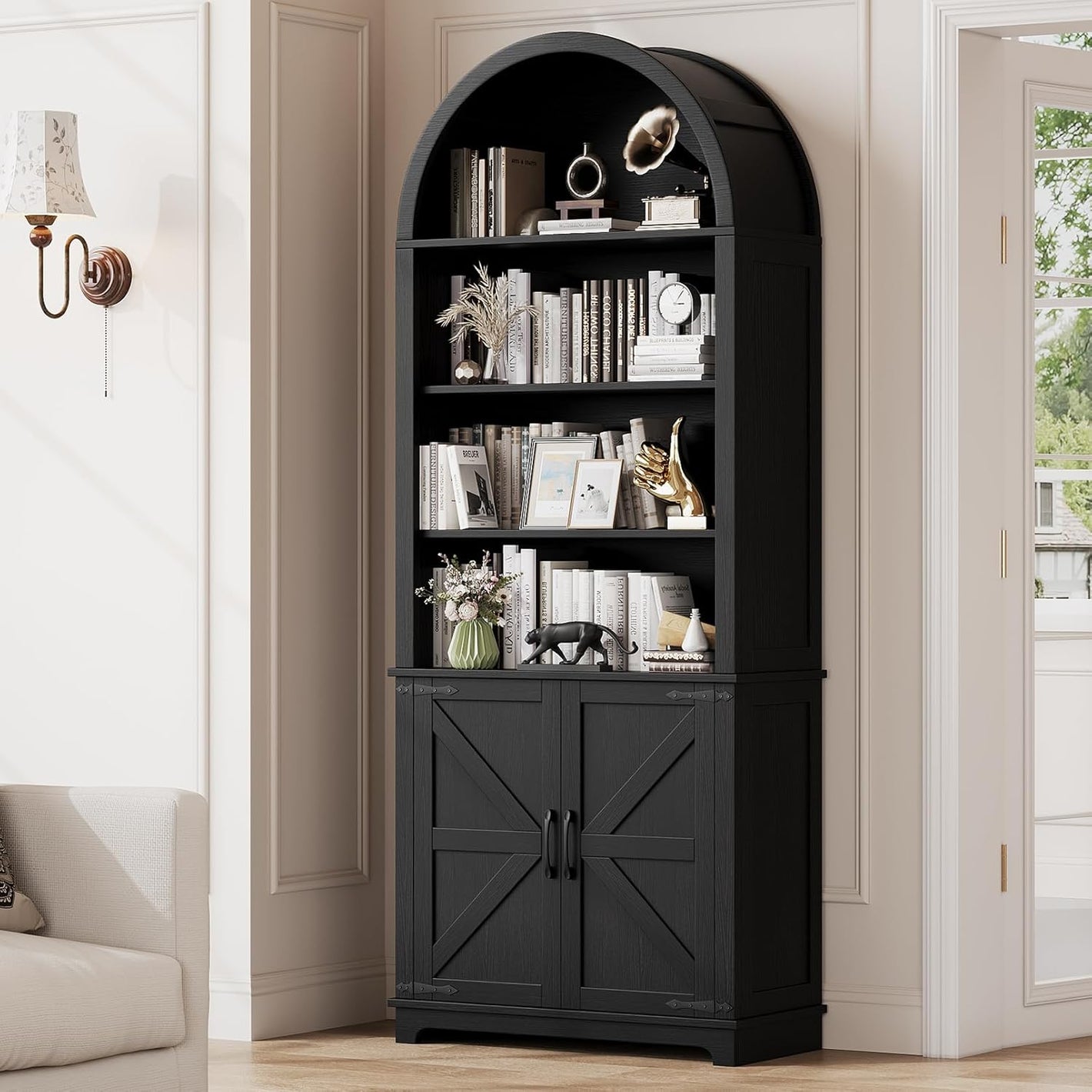 Vividwood 6-Tier Farmhouse Arched Bookshelf with Doors, 70" Tall Open Display Storage Cabinet for Living Room & Office, Black