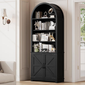 Vividwood 6-Tier Farmhouse Arched Bookshelf with Doors, 70" Tall Open Display Storage Cabinet for Living Room & Office, Black