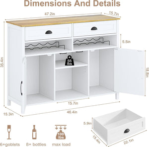 Vividwood Modern Farmhouse Wine Cabinet‌ - 47.2" with Glass Rack & Drawers (White)