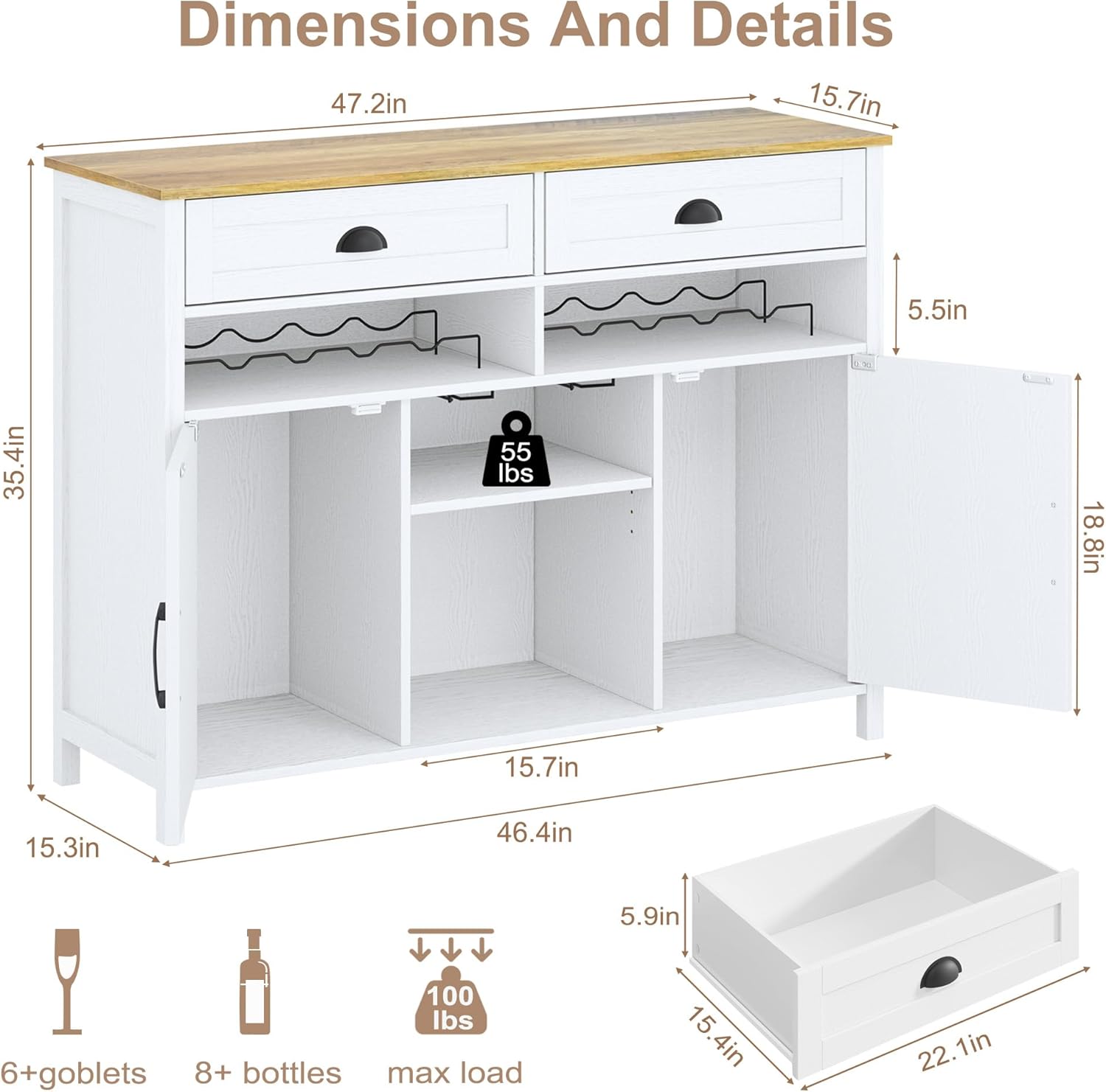 Vividwood Modern Farmhouse Wine Cabinet‌ - 47.2" with Glass Rack & Drawers (White)